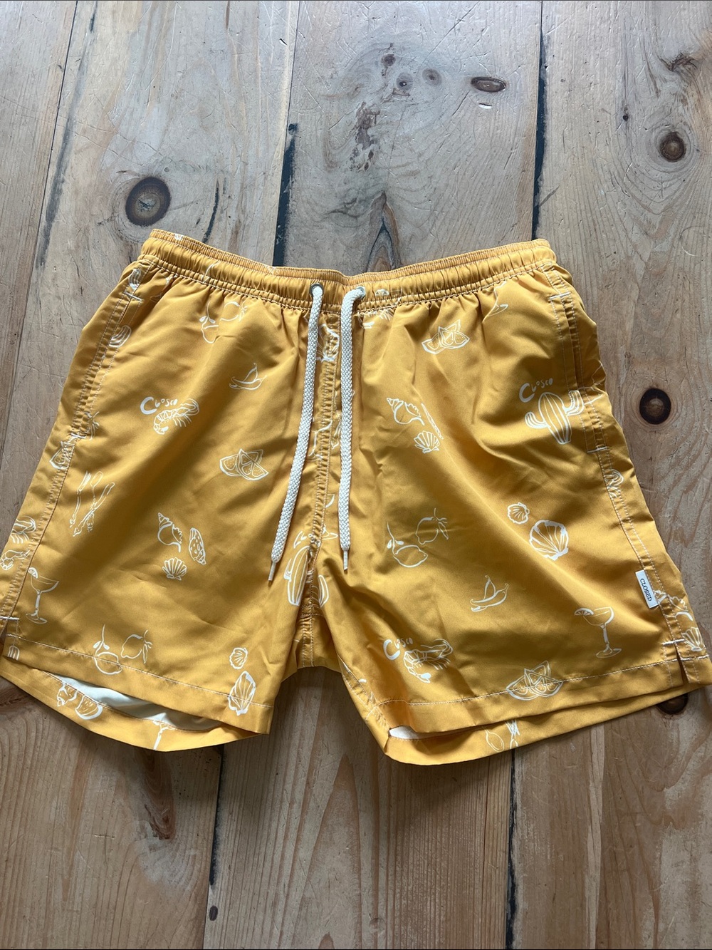 Closed Men's Yellow Printed Swim Trunks - Elastic Waist with Drawstring